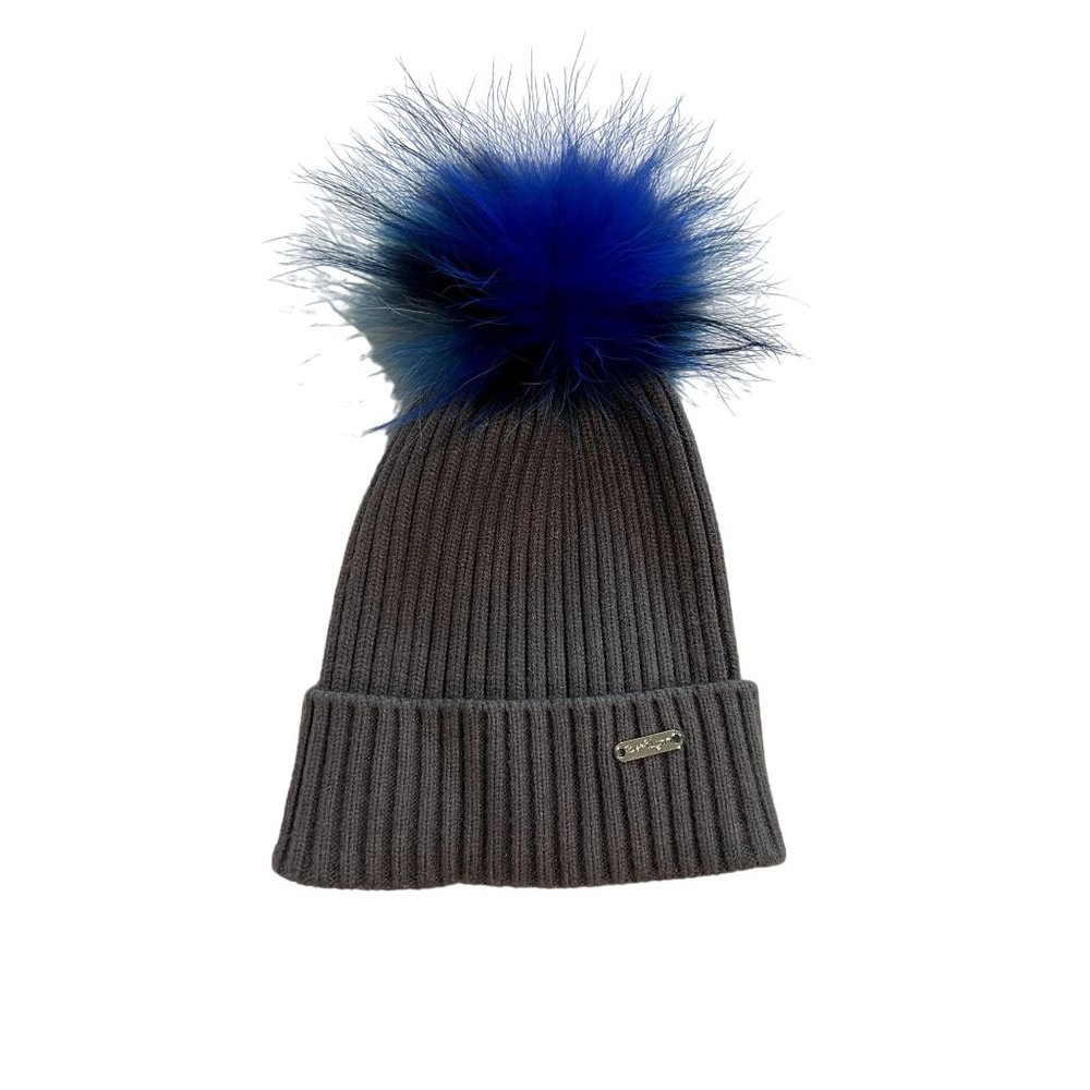 Gray Knit Kids Hat with Blue Pom Pom
